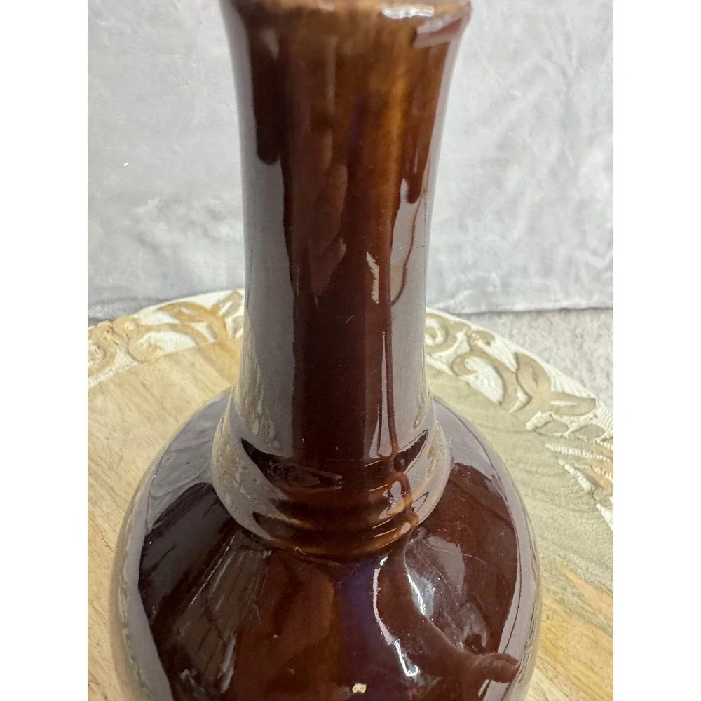 Vintage Brown Glossy Ceramic Bud Vase Bulbous Slender Neck MCM Home Decor 8in‎